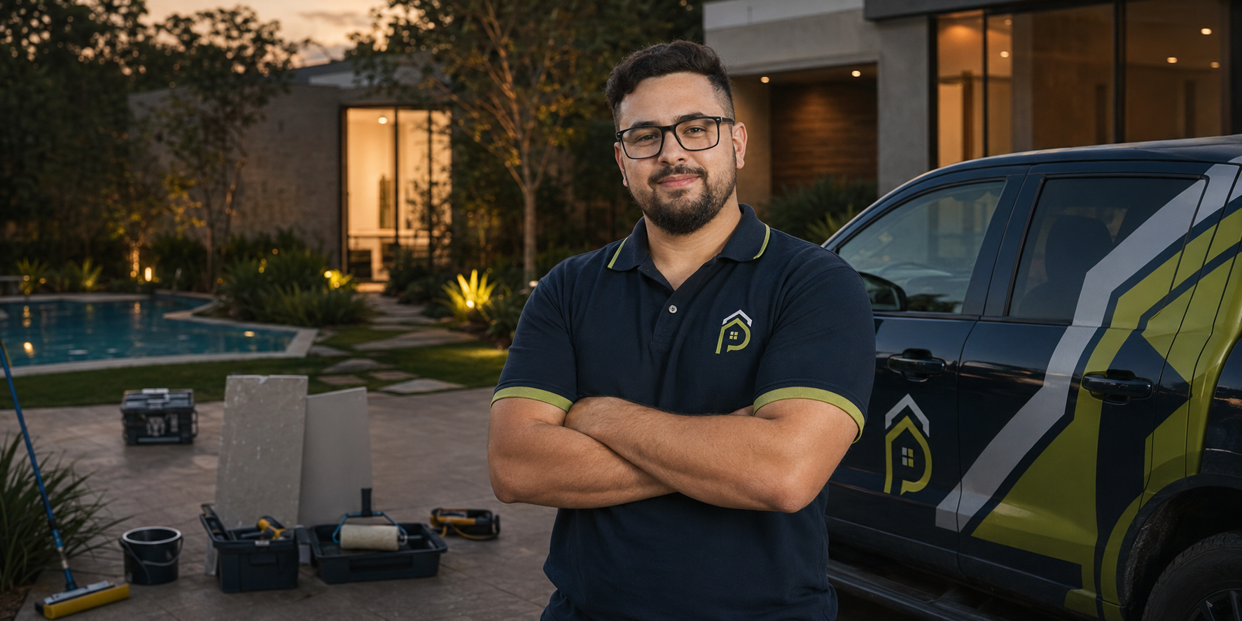 Profissional da Prospere Facility em frente a uma casa com piscina, jardim, ferramentas e veículo da empresa